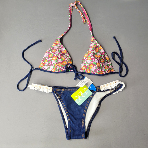 Agua Doce Brazilian Cheeky Bikini Swimsuit Womens M Triangle Top Floral Denim - Picture 2 of 16